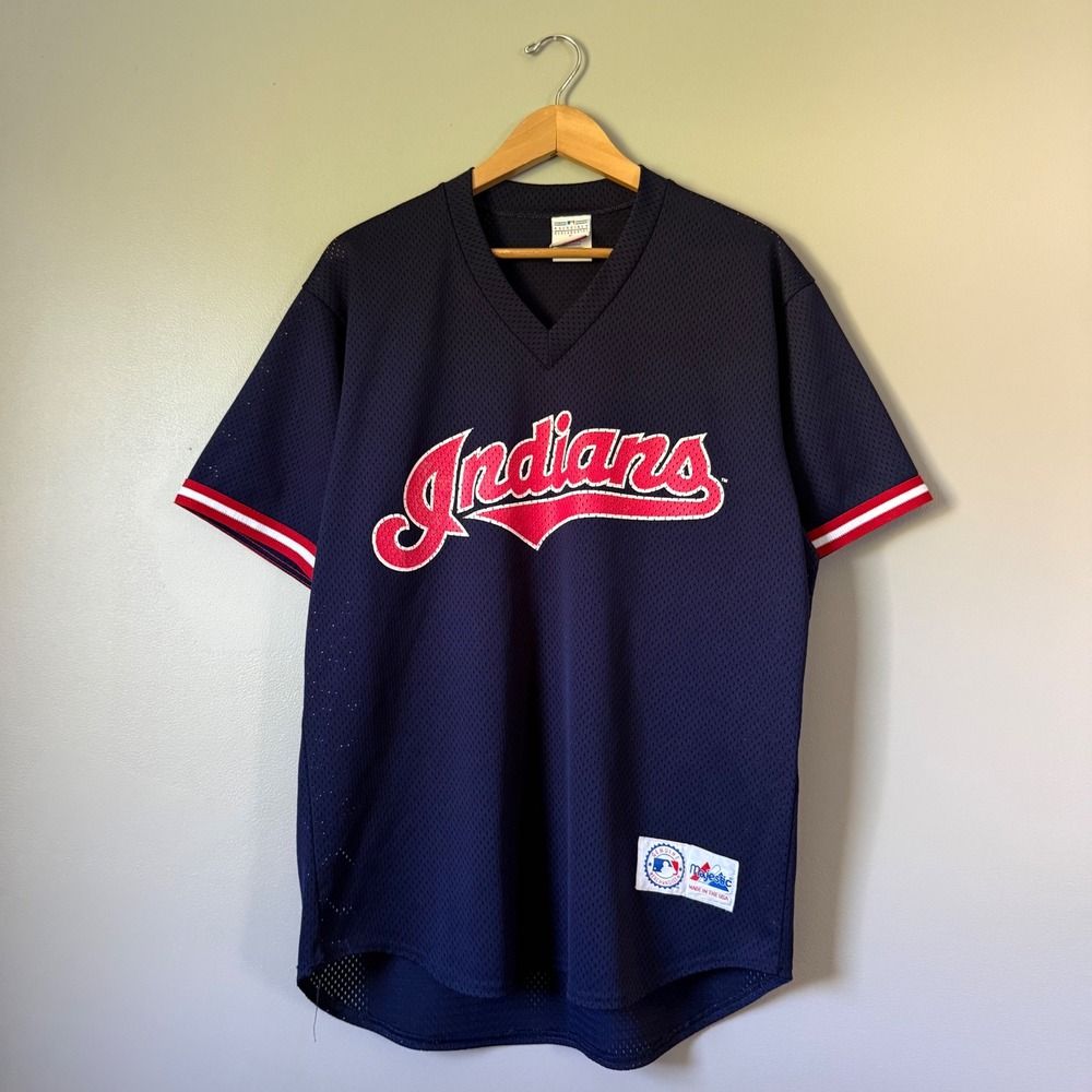 Vintage Navy Blue MLB Cleveland Indians Majestic Mesh Baseball Jersey Large